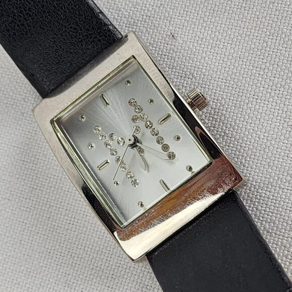 Black Leather Silver Rhinestone M Watch - Picture 3 of 8